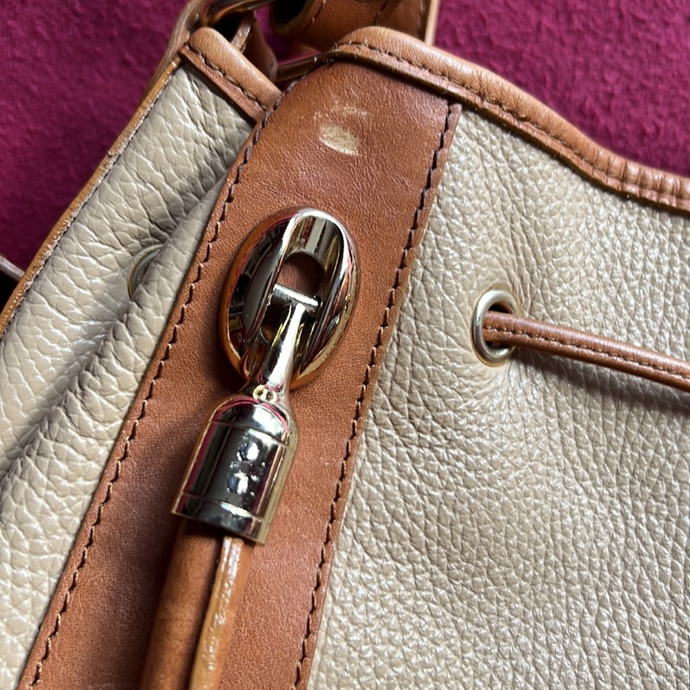Valentina 2 Tone Pebbled Leather Bucket Bag w/ Drawstring and Shoulder S… - Picture 8 of 11